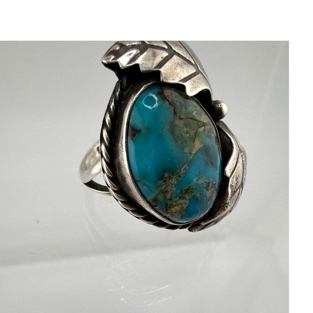 Vintage Navajo Sterling Silver Turquoise Leaf Ring 4.5